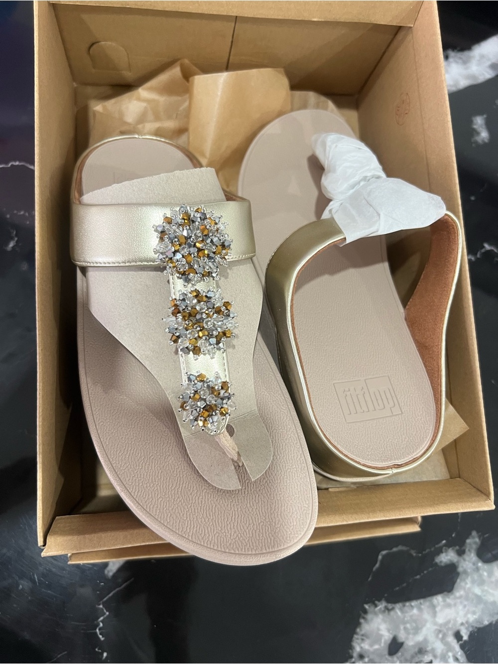 FitFlop Gold T‑Strap Sandals with Beaded Embellishments